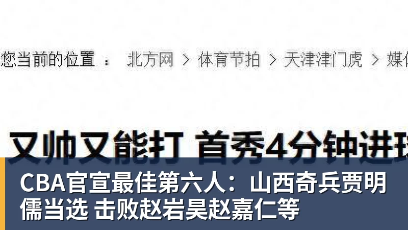CBA官宣最佳第六人：山西奇兵贾明儒当选 击败赵岩昊赵嘉仁等